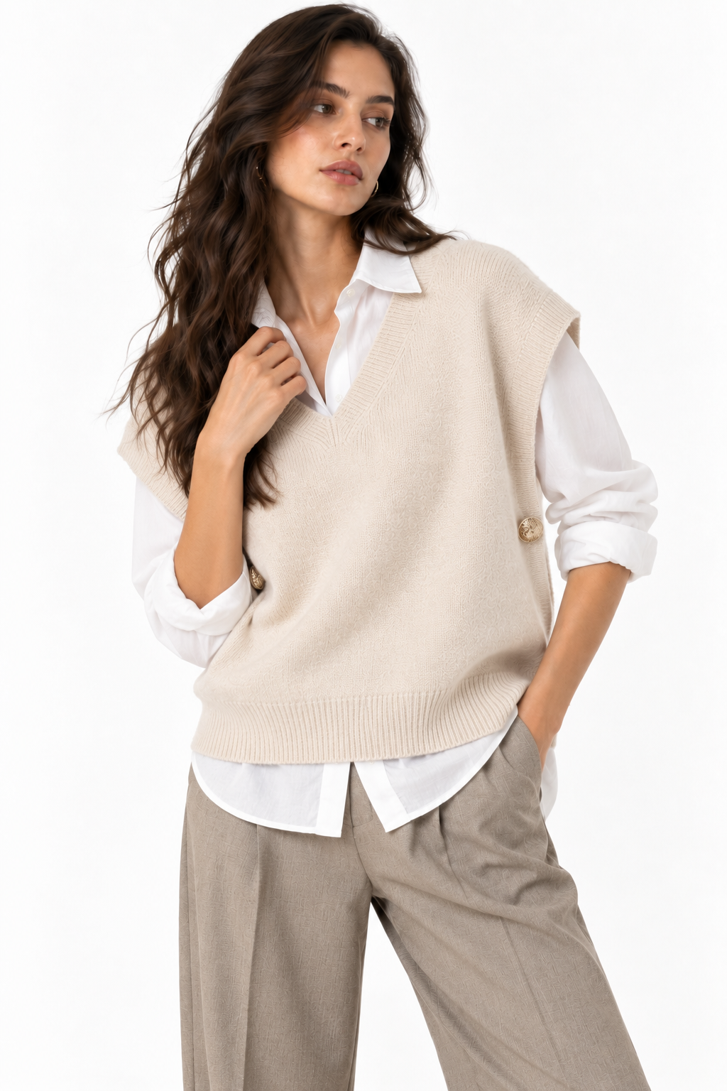 Gilet in Maglia Scollo a V con Bottoni Laterali