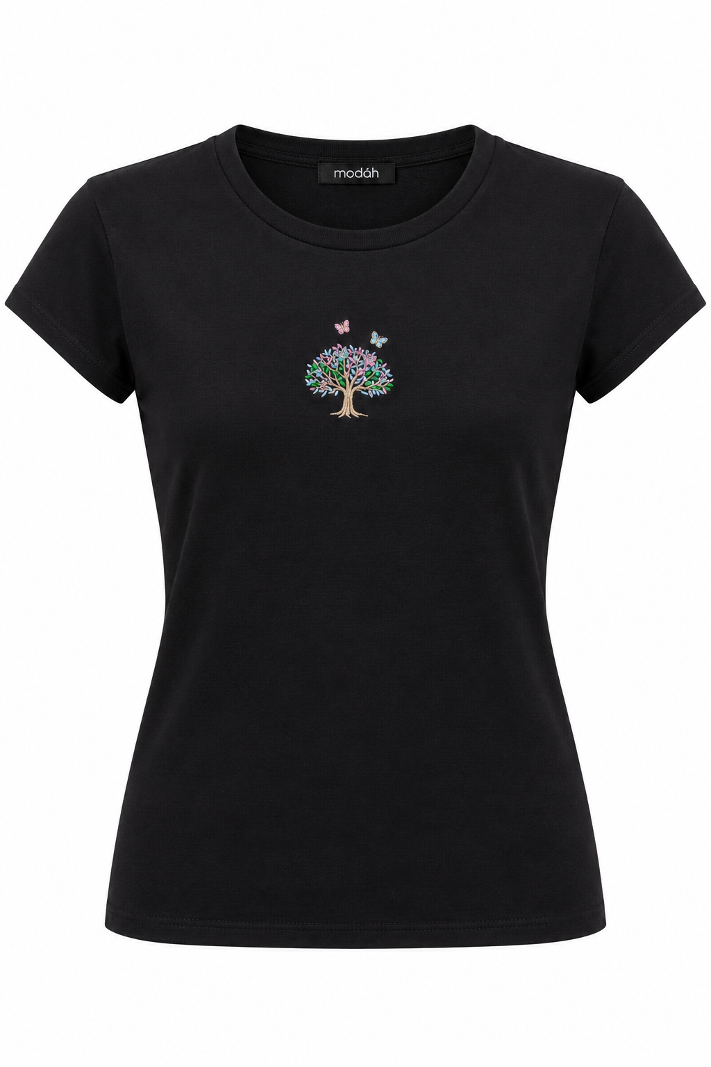T-Shirt Nera con Ricamo Albero della Vita