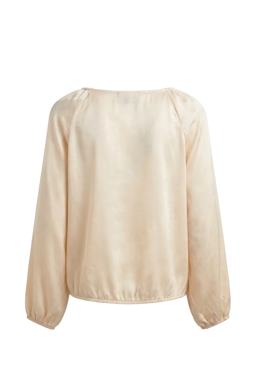 Blusa in Satin con Scollo Arricciato e Dettagli Bijoux