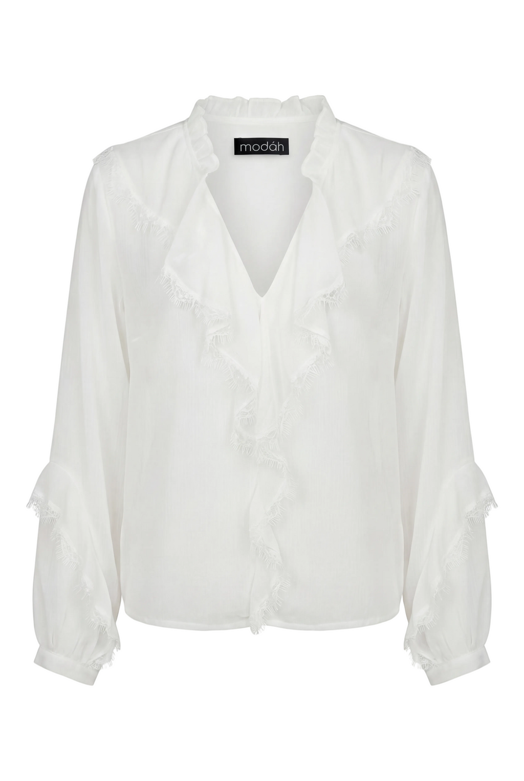 Blusa Bianca in Chiffon con Rouches e Dettagli Sfrangiati