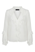 Blusa Bianca in Chiffon con Rouches e Dettagli Sfrangiati
