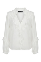 Blusa Bianca in Chiffon con Rouches e Dettagli Sfrangiati