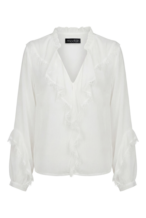 Blusa Bianca in Chiffon con Rouches e Dettagli Sfrangiati BIANCO