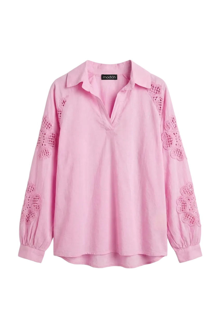 Blusa in Cotone con Inserto in Pizzo Sangallo