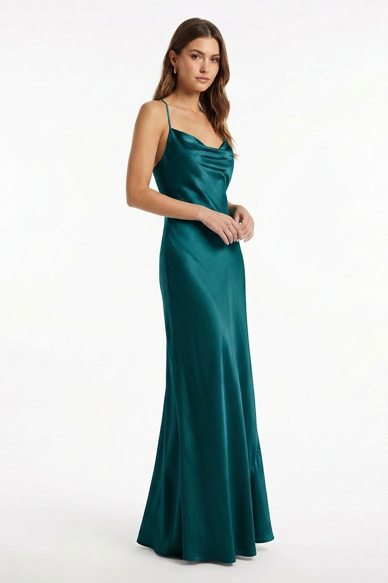 Abito Lungo Satin con Scollo Drappeggiato