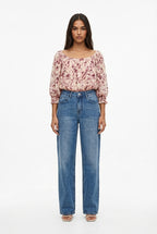 Blusa Arricciata a Fiori con Scollo a Barca