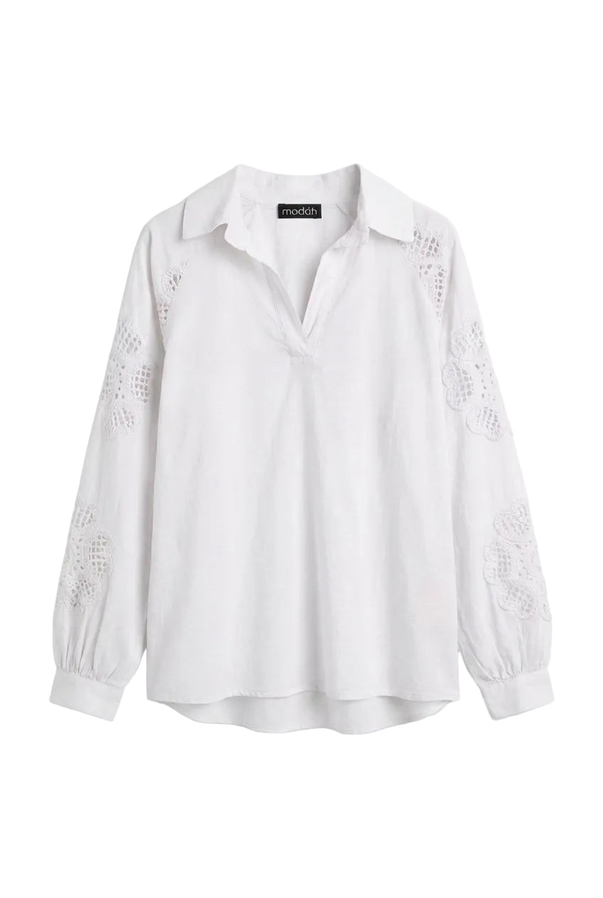 Blusa in Cotone con Inserto in Pizzo Sangallo