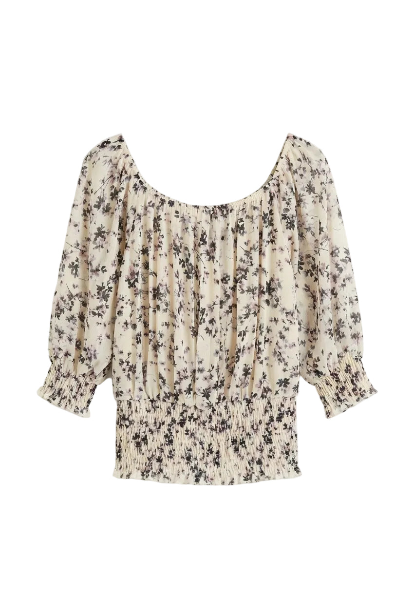 Blusa Arricciata a Fiori con Scollo a Barca