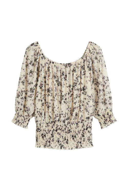 Blusa Arricciata a Fiori con Scollo a Barca Nero